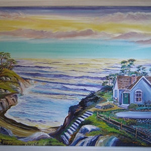 School Teacher's House by The Ocean, Home Portrait, Oceanscape, Blue House, Lady in Window, 36 by 24, Dan Leasure Oil image 3