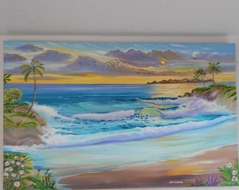 Tropical Paradise, Ocean Oil, Surf at Sunset, Turquoise Lavender Waves, Palms, Beach, Hawaii, Tropics, Original Oil by Dan Leasure
