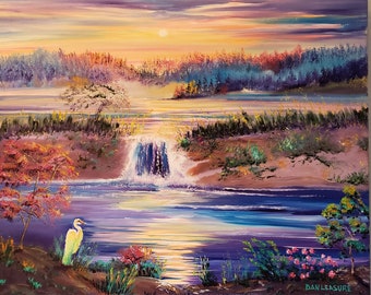 Bright Sunset, Heron on The Lake, Landscape with Heron, Sunset Waterfall, Mountains, Fantasy Landscape, Original Canvas Oil