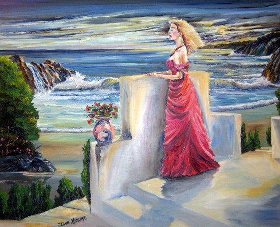 Dreaming of You, Woman Gazing At Ocean, Lady in Red Ocean Oil on Canvas  Painting, Romance Night, Wistful Lady in Red, 27 x 21, Dan Leasure
