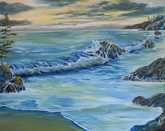 Oregon Pacific, Ocean Sunset Oil, Original Painting, Night Ocean, Sea Serenity, Romance Oil, Pacific Northwest Ocean,  Dan Leasure Oil