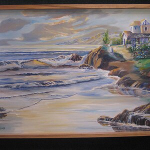 Hampton House, Hollyhock House, House by The Sea, Ocean Home on a Hill, Home Portrait, 36,25, Alder Frame, Original Oil Dan Leasure image 1