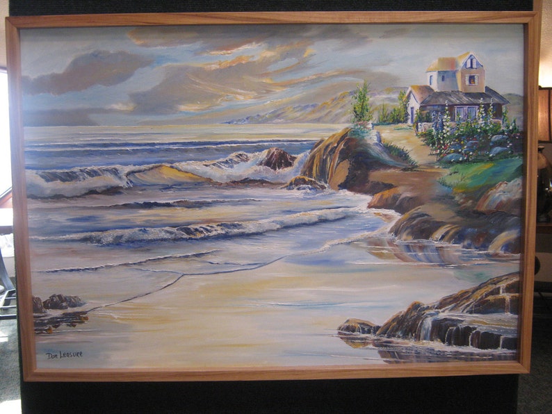 Hampton House, Hollyhock House, House by The Sea, Ocean Home on a Hill, Home Portrait, 36,25, Alder Frame, Original Oil Dan Leasure image 1