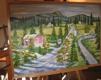 Florence Oregon, Country Road, Farm Landscape Oil, North Fork Road, Country Road, Red Barn, Folk Art Oil, 36 x 25" Framed, Dan Leasure
