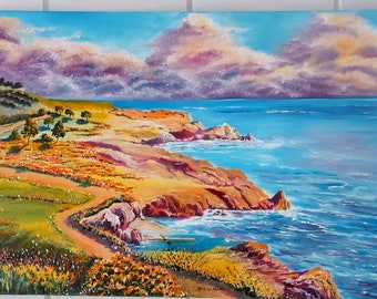 California Coastal Dream, Rocky Golden Coastline, Orange Poppy Meadow, Green Hills along the blue oceanside Dan Leasure Oil Painting,