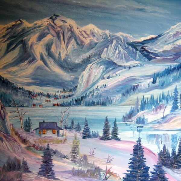 Nestled In At Winter, Wilderness Oil, Alaskan Wilderness Oil, 36x25 Framed,  Cabin in Winter, Snow,  Dan Leasure Oil