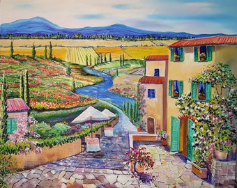 Tuscany Dream, Country Villa, Original Oil on Canvas, Villa Inn, Cobblestone Path, Umbrellas, Fields of Flowers, Bed and Breakfast Gold Blue