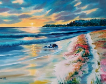 Beach Glow, Deep Blue Sundown, Flowers on Beach Trail, Gold Sundown, Dan Leasure Oil, 33, 23 in, unframed