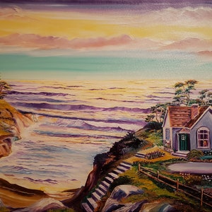 School Teacher's House by The Ocean, Home Portrait, Oceanscape, Blue House, Lady in Window, 36 by 24, Dan Leasure Oil image 1