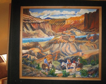 Grand Canyon Indian Guides, Arizona Landscape Oil on Wood, Southwest American Art, Dan Leasure, Alder Frame
