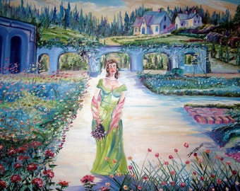 Sweet Melissa Oil, Romance Art Painting, Classsical Lady in Green Dress, Mansion Lady, Dan Leasure Oil, 32x27in