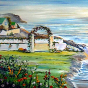May include: A painting of a white picket fence with a flower archway leading to a view of the ocean. A small green house is visible in the background.