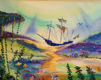 Dolphin Joy, Undersea Life, Marine Life, Sea Life, Pirate Ship, Dan Leasure Oil on Canvas, 36, 21 in