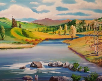 Autumn Landscape, Landscape Oil, Peaceful Valley, Riverside Peace, Farmland Art, Healing Art, Dan Leasure Original Painting, 36, 24,