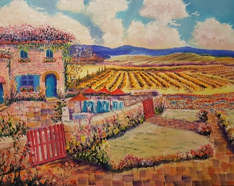 Vineyard Inn / Landscape Oil / Tuscany Inn / Grape Fields / Summer in Provence / Peaceful Art for Home / Italian Restaurant Art / Serenity