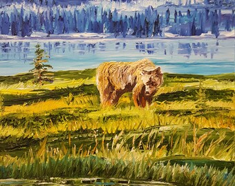 Wildlife Painting, Brown Bear in Alaska, Alaska Bear in Meadow Snowy Mountains, Bear at River, Fathers Day Gift, Dan Leasure Oil