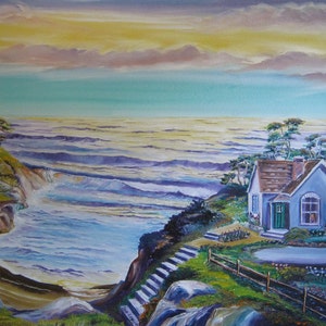 School Teacher's House by The Ocean, Home Portrait, Oceanscape, Blue House, Lady in Window, 36 by 24, Dan Leasure Oil image 2