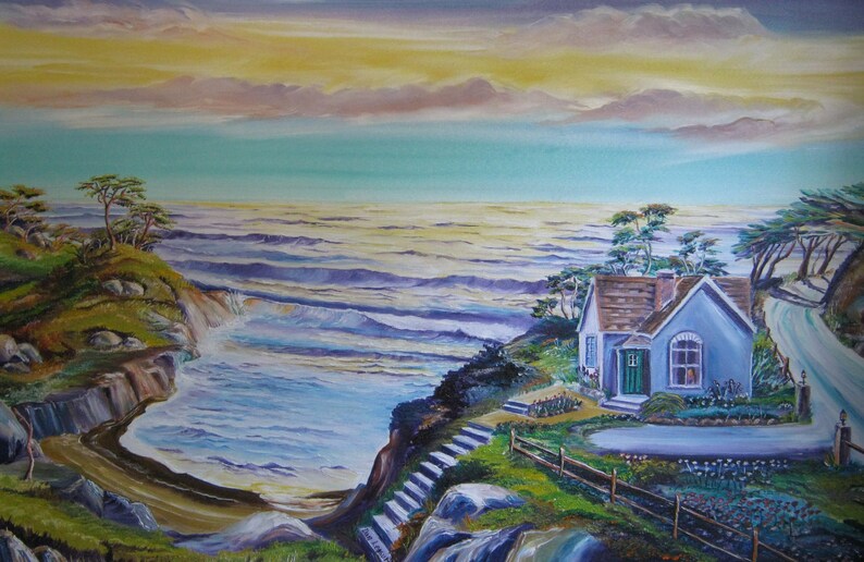 School Teacher's House by The Ocean, Home Portrait, Oceanscape, Blue House, Lady in Window, 36 by 24, Dan Leasure Oil image 2