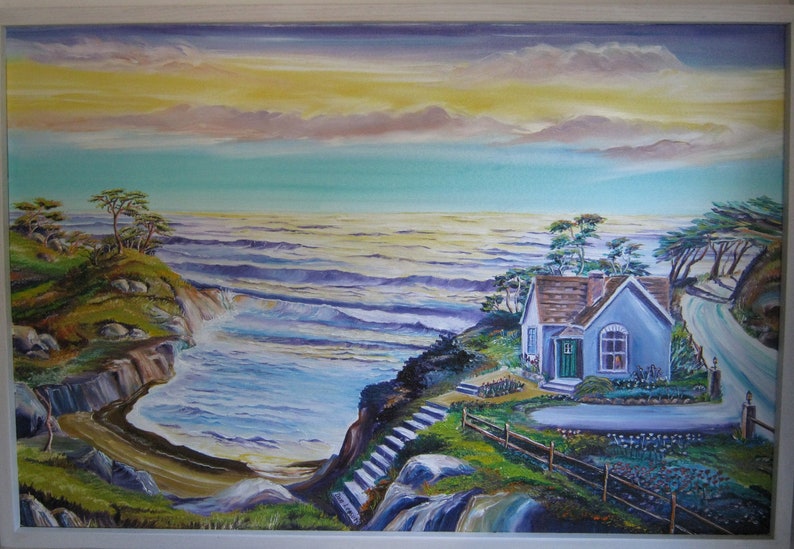 School Teacher's House by The Ocean, Home Portrait, Oceanscape, Blue House, Lady in Window, 36 by 24, Dan Leasure Oil image 3