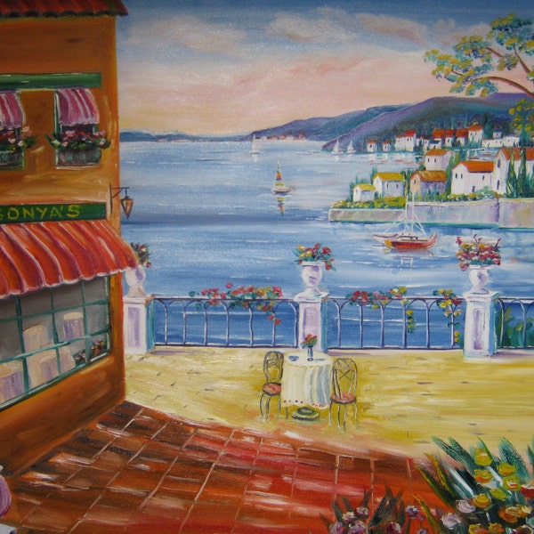 French Riviera Cafe, Europe KSonya Cafe by Seaside Village Resort, Fishing BoatsDan Leasure Framed Oil on Canvas 30,24.