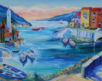 Riviera Fishing Village, Italian Riviera Oil, Fishing Boats, Europa Seaside,36,24 in Dan Leasure Original Oil