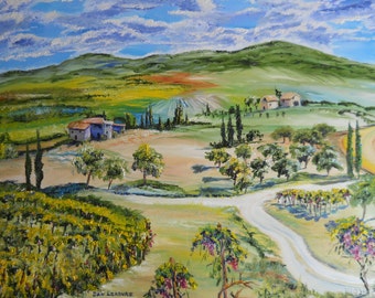 Farm Landscape, Vineyard Landscape, Peaceful Painting, Oil on Canvas, Original Landscape Art, Tuscany Farm