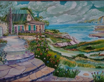 Home By The Sea, Ocean Home Oil, Romantic Home By The Sea, Home Portrait, Original Oil, Seaside Home, Framed 36 x 25 in, Dan Leasure Oil