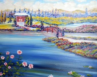 Japanese Landscape, Landscape Oil, Asian Riverside Peace, Tai Chi Meditation Art, 30 x 23 in, 58 x 76 cm, Original Oil, Dan Leasure