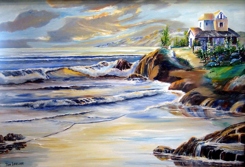 Hampton House, Hollyhock House, House by The Sea, Ocean Home on a Hill, Home Portrait, 36,25, Alder Frame, Original Oil Dan Leasure image 3