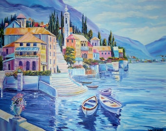 Lake Como Italy, Lombardy Italy Oil, Framed Oil on Canvas, 32,26, Boxed Ready To Send, Dan Leasure