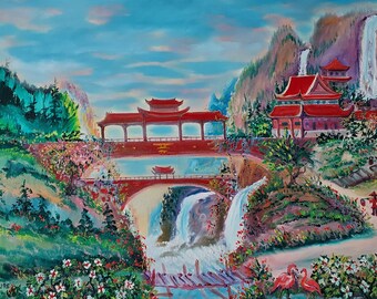 Asian Temple Morning, Bridge over Waterfall, Sunrise through Clouds, Water Carriers to Monastery, Peaceful Morning, Dan Leasure Oil