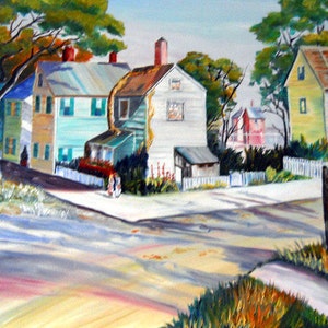 May include: A painting of a quaint neighborhood with colorful houses, lush green trees, and a white picket fence. The houses are painted in shades of blue, green, yellow, and red. The trees are a vibrant green, and the fence is white with a black gate.