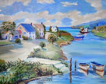 Waterside Dream Home, Fishing Boats, Puget Sound, Riverside Boats and Homes, Dan Leaure Original Oil, 33, 23