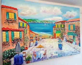Seaside Sardinia Plaza, Summer in Europe, Courtyard Oil Painting Dan Leasure Art, 32,20