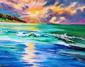 Majestic Ocean Oil on Canvas, Magnificent Sundown, Honeymoon Night, Romantic Ocean Night, Book Jacket Art, Golden Sunset, Oregon Coast Night