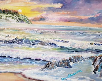 Rapture Sunset on The Beach, Oak Frame Pacific Ocean Oil Painting, Ocean Waves, Evergreens, Romantic Oceanscape, Dan Leasure Oil 37, 24