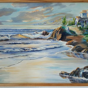 Hampton House, Hollyhock House, House by The Sea, Ocean Home on a Hill, Home Portrait, 36,25, Alder Frame, Original Oil Dan Leasure image 2