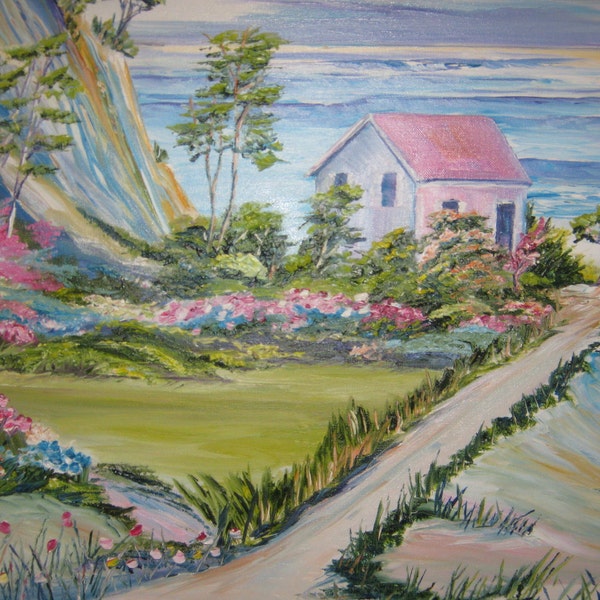 Beach House, Oceanside House, Ocean Cottage, Dan Leasure Oil, 27.5 "w x 23.5 " h, Framed