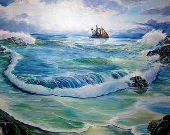 Ahab Sails The Seven Seas, Ocean Art, Captain Ahab, Dan Leasure Oil, 36 x 24 in. Framed