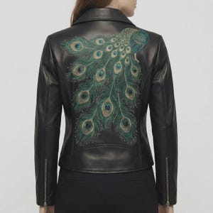 Women's Embroidered Leather Jacket, Custom Sheepskin Coat with Peacock Back Embroidery, Stylish Handmade