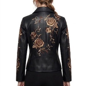 Chaqueta de cuero bordada a mano para mujer, abrigo floral de cuero auténtico, moda elegante para mujer, de diseñador