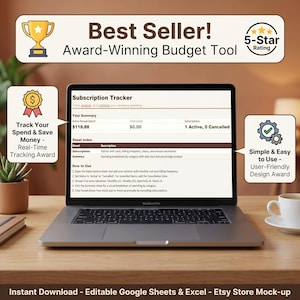以下が含まれることがあります： 「Best Seller! Award-Winning Budget Tool」のテキストが表示された「Subscription Tracker」スプレッドシートが、ラップトップに表示されています。画面には財務データと指示が表示されています。グラフィックには、賞が含まれています。コーヒーカップが近くにあります。