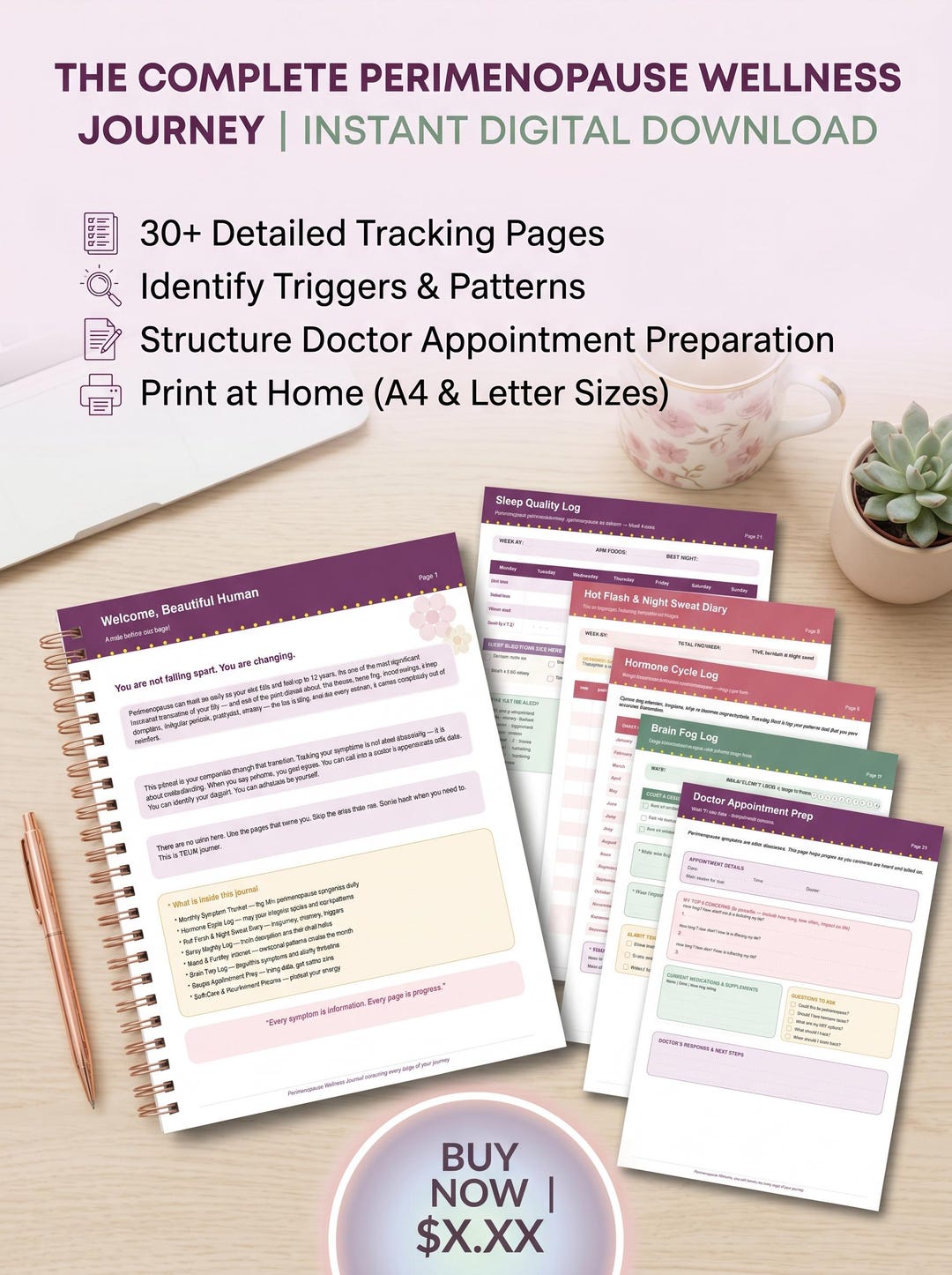 Perimenopause Symptom Tracker Printable, Hormone Log, Wellness Journal ...