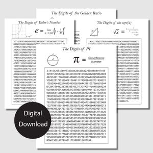 May include: A digital download graphic with mathematical formulas, including the digits of Euler's number, Pi, and the square root of 2. The text "Digital Download" is in a black circle.