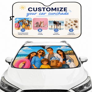 May include: A white car windshield sunshade featuring a customizable design. The top section displays text reading CUSTOMIZE your car sunshade with four example panels. The bottom section shows a cartoon illustration of a family at the beach.