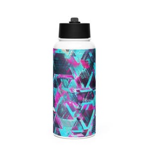 May include: White water bottle with a black lid. The body of the bottle features a geometric design in shades of blue, pink, and black. The pattern is made up of overlapping triangles and lines.