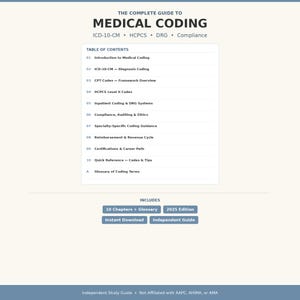 Puede incluir: Un documento digital titulado The Complete Guide to Medical Coding 2025 Edition. Presenta una tabla de contenidos con diez capítulos y un glosario, cubriendo temas como ICD-10-CM, HCPCS, DRG y cumplimiento, con una etiqueta de descarga instantánea.