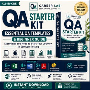 Peut inclure: Un kit de démarrage QA comprenant des modèles essentiels et un guide pour débutants en tests logiciels. Le design présente du texte bleu foncé et sarcelle, des icônes pour les cas de test, rapports de bugs et tableaux de bord.