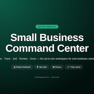 Może przedstawiać: Cyfrowy szablon Notion zatytułowany Small Business Command Center na ciemnozielonym tle z gradientem. Zawiera podtytuły dotyczące planowania, śledzenia, sprzedaży, przeglądu i rozwoju oraz przyciski Weekly Dashboard, Idea Vault, Finance i 7-Day Launch.