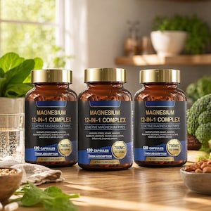 Op de afbeelding: Drie bruine supplementflessen met gouden deksels staan op een houten oppervlak. Elke fles heeft het opschrift "Magnesium 12-in-1 Complex" en bevat 120 capsules. De achtergrond toont groen en een glas water.